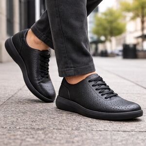 Clarks Collection Black Leather Sneakers | Perforated Comfort Lace-Up